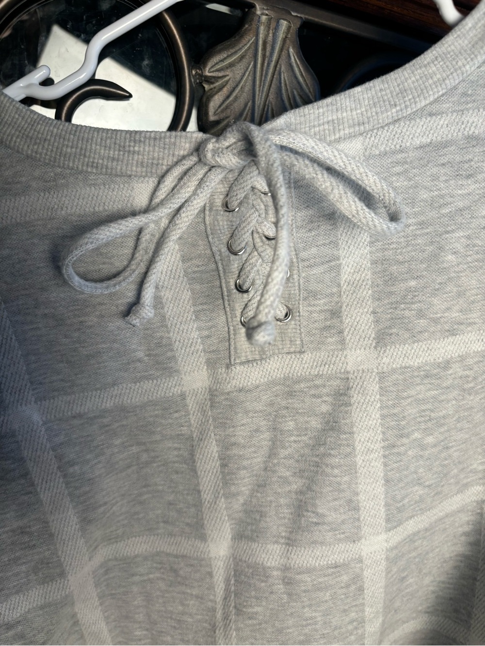 Liz Claiborne Light Gray Crewneck Sweater with Lace-Up Detail